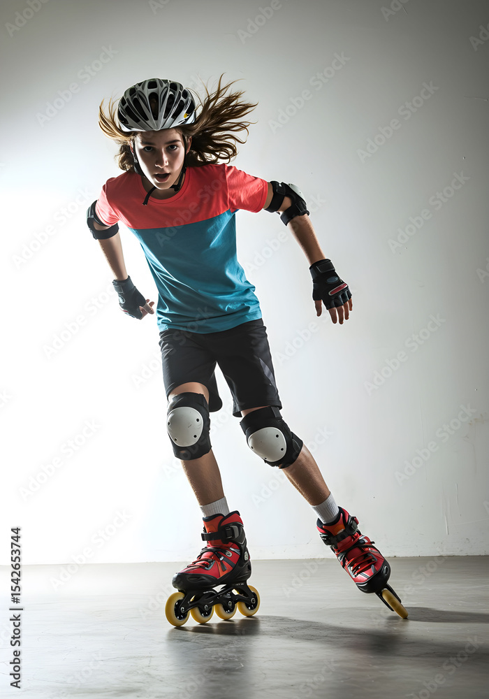 Obraz premium Teenager rollerblading with protective gear enjoys a dynamic outdoor activity