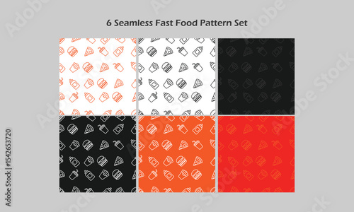 Fast Food Seamless Pattern Set – Flat Line Icons on Various Backgrounds