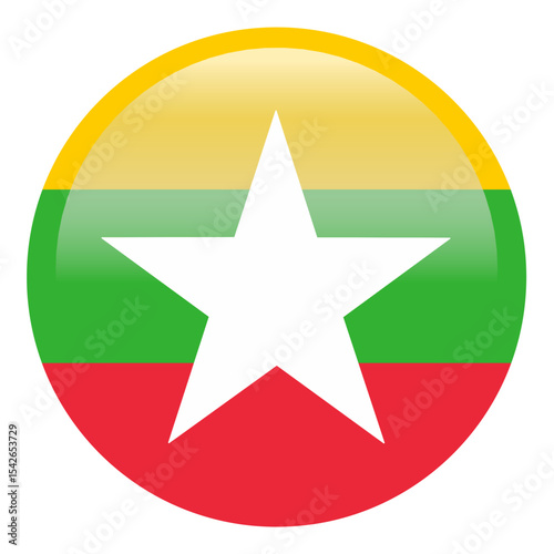 Myanmar or Burma flag in round style isolated on white background. Flag icon. Official standard colors. Round flag. 3D illustration. Suitable for web, infographic, UI, UX, and international symbol use