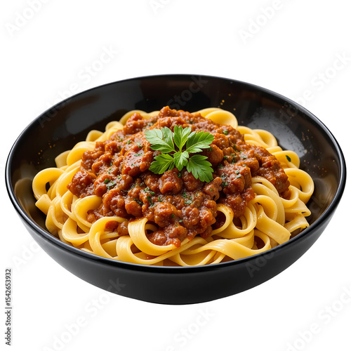 Pasta pappardelle with beef ragout sauce in black bowl isolated on transparent png