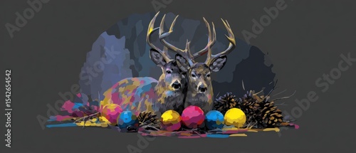 Two deer with colorful Christmas ornaments