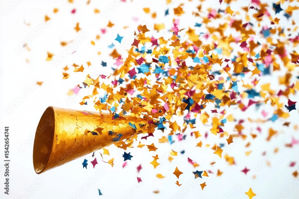 custom made wallpaper toronto digitalgolden party popper exploding with colorful star and diamond shaped confetti against white background conveying celebration and joy