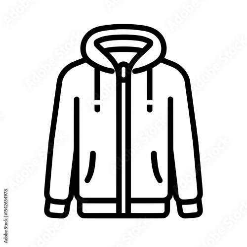 Front view of a zip-up hoodie with drawstrings and kangaroo pockets in minimal outline style