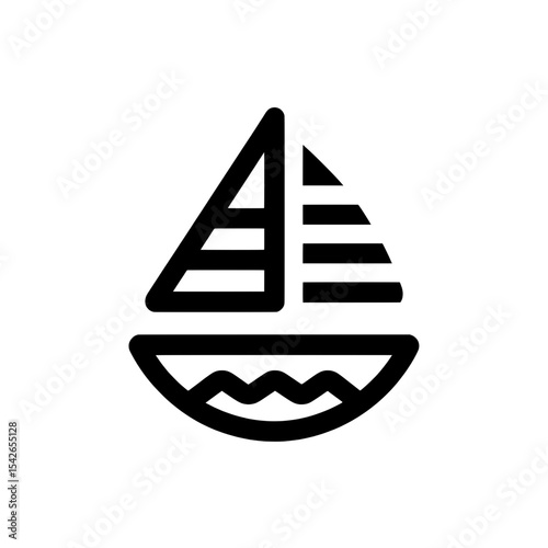 Sailing boat icon with dual stripes and hull waves in bold black vector design