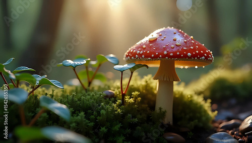 Wallpaper Mural Portrait of vibrant fly agaric mushroom with water droplets in sun-drenched forest undergrowth background, fly agaric mushroom in forest Torontodigital.ca