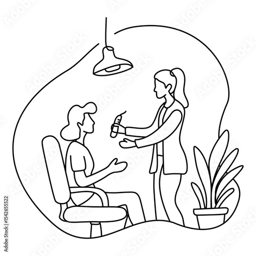 Dentist showing dental tools to patient in a minimalist line art style.