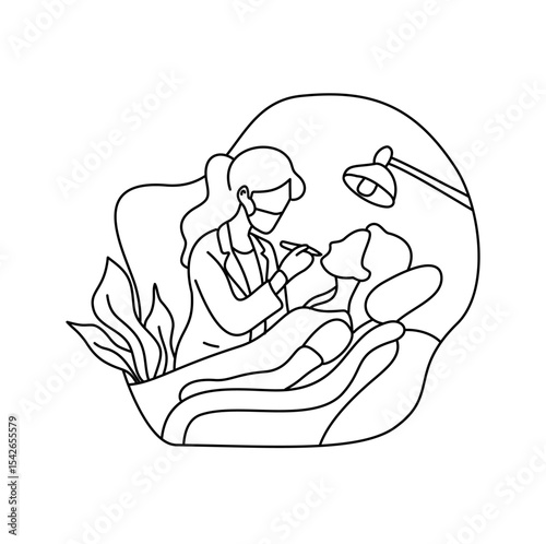 Dentist Performing Dental Examination on Patient in Modern, Minimalist Illustration