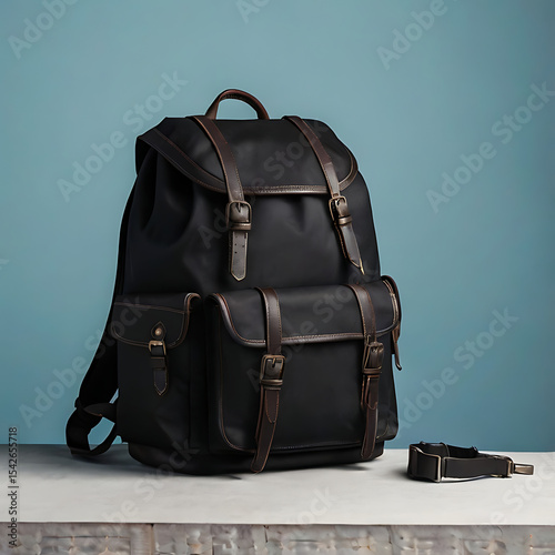 Sleek Black Backpack on Blue Background | Modern Minimalist Bag Display