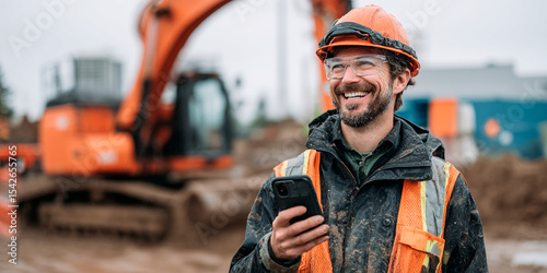 Cheerful construction worker using phone near excavator.