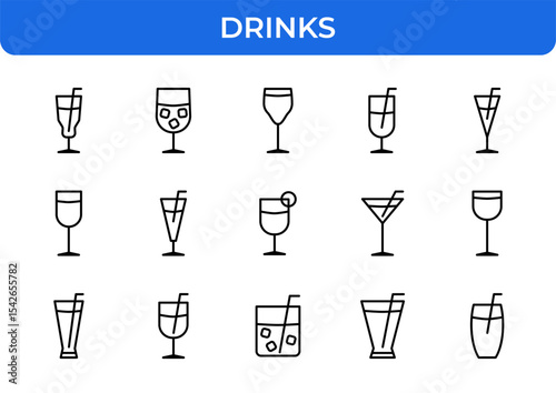 Drinks Vector Icon Set - Editable Line Weight - Glassware, Cocktails, Beverages, Juice, Smoothies, Water, Alcohol, Bar, Cafe, Refreshment, Cheers, Drink Icons