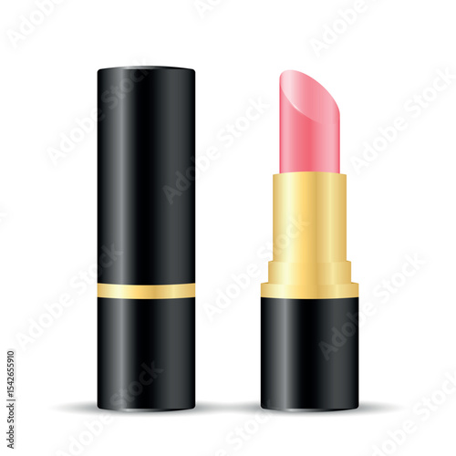 Open bright pink lipstick in black and gold tube, realistic vector cosmetic mockup for packaging