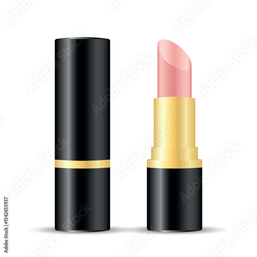 Open nude pink lipstick in black and gold tube, realistic vector cosmetic mockup