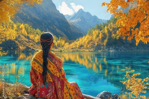 Woman with long braided hair in colorful traditional dress sitting on lakeshore surrounded by autumn trees reflecting in clear blue mountain lake under bright sky