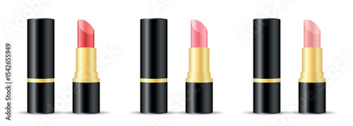 Set of three lipsticks in black and gold tubes: red, bright pink, nude pink — realistic vector cosmetic mockup