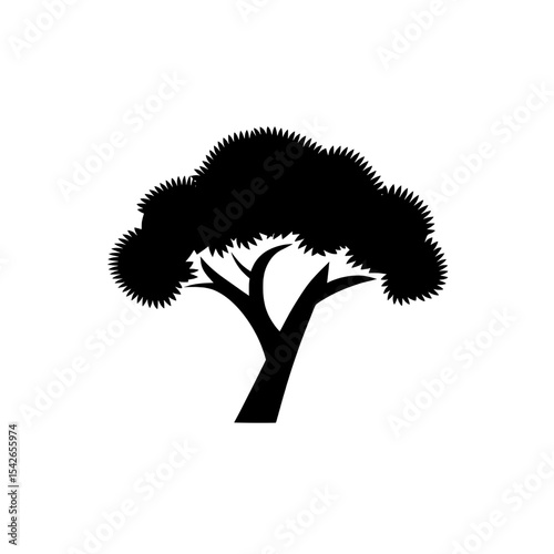 Tree icon with thick foliage and wide canopy in flat black silhouette