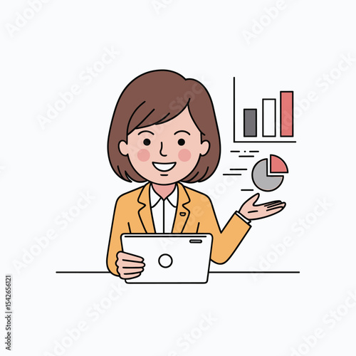 Cartoon woman presenting business data with tablet and chart in a professional setting style design