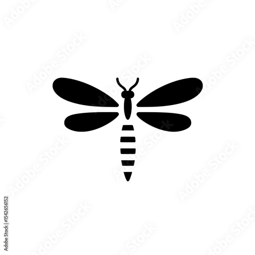 Dragonfly icon with striped tail and short wings in solid black silhouette