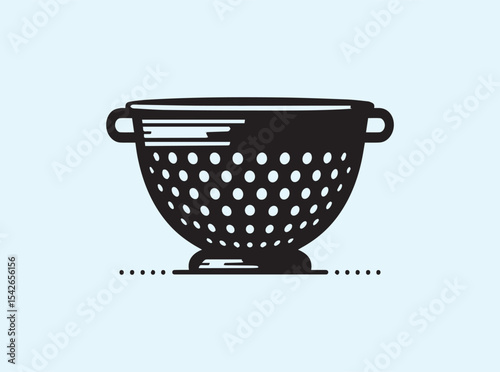 Flat black silhouette of a colander seen from the side, graphic simplicity ideal for kitchen labels, recipe sites, or food prep visuals