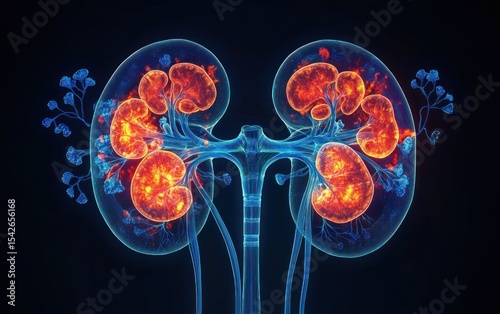 Detailed digital illustration of human kidneys showing internal structures with glowing red and orange highlights and connected blue blood vessels against dark background photo
