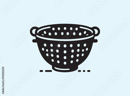 Utensil silhouette of a colander in solid black side view, with classic kitchenware shape, smooth curves and subtle flare on bowl top