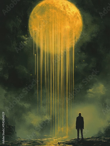 Silhouetted figure standing on rocky terrain beneath a glowing full moon emitting vertical golden light beams in a mysterious dark cloudy night sky