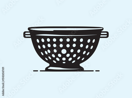 Solid silhouette vector of a kitchen colander utensil, seen from the side, classic minimal design in black for recipe, food, or cooking graphic use
