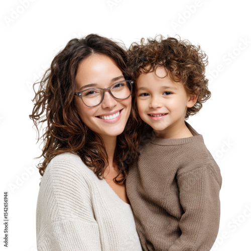 A joyful mother and her young son smile brightly together against a plain white background. capturing a moment of love and connection. perfect for family-oriented themes