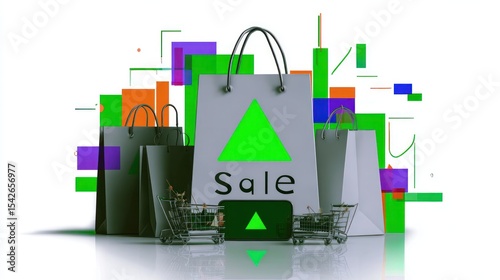 Shopping bags with sale graphic in front of abstract data