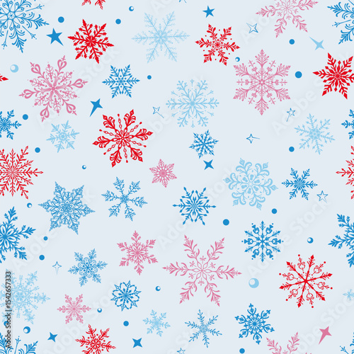 Christmas seamless pattern with big and small snowflakes in various designs, colored on white background.