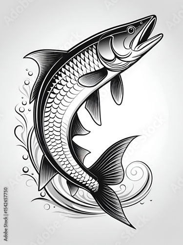 Stylized Black and White Muskie Fish Illustration with Elegant Design Elements