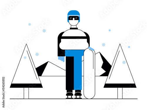 Man wearing winter clothes and gear, skating outdoors in snow. Snowy day illustration. Winter fun activity. Flat vector illustration.