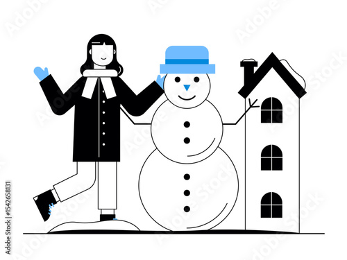 Woman making a snowman during the winter season. Snowy day illustration. Winter fun activity. Flat vector illustration.