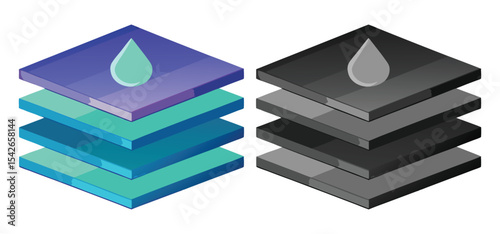 Illustration showcasing two separate stacks of layers each with a droplet symbol representing water purity.