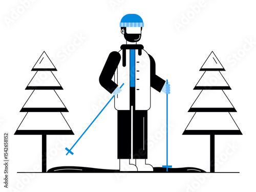 Young man in winter skiing, outdoor sports activity in snowy season. Snowy day illustration. Winter fun activity. Flat vector illustration.