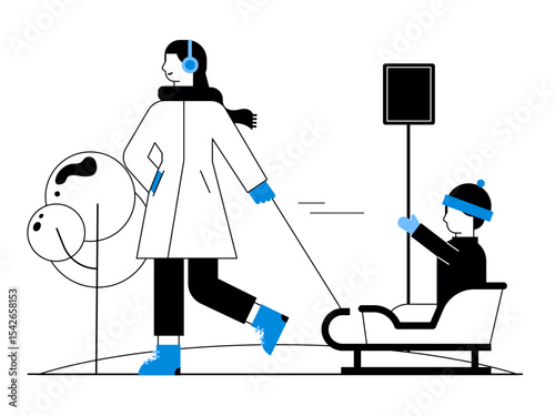 Mother is playing with her son snow sliding, family time. Snowy day illustration. Winter fun activity. Flat vector illustration.