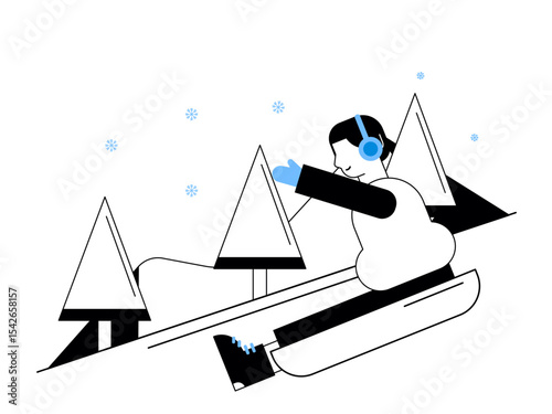 Little boy playing on slide outdoors. Snowy day illustration. Winter fun activity. Flat vector illustration.