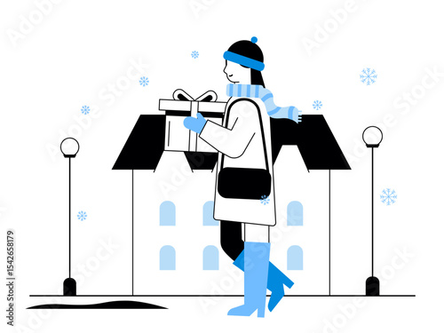 Lady holding surprise gift. Snowy day illustration. Winter fun activity. Flat vector illustration.