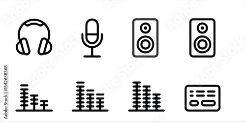 Illustration of music and audio equipment including headphones microphone speakers and equalizer bars