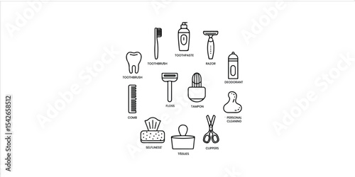 Illustration of personal hygiene and grooming items arranged in a circular pattern on a white background