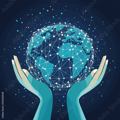 Hands holding a globe with a network of people. Concept of global connection, communication, teamwork, and social media. Worldwide community, international collaboration and unity