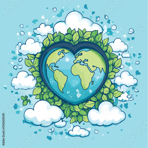 Embrace global unity and environmental care with this symbolic earth design featuring a heart, leaves, and serene clouds, perfect for promoting peace and harmony