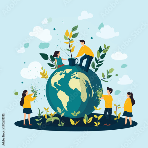 People water the plants on earth world and care for the earth happy earth day environmental protection and care nature concept flat vector illustration , vector style simple color