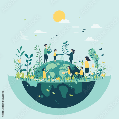 People water the plants on earth world and care for the earth happy earth day environmental protection and care nature concept flat vector illustration , vector style simple color