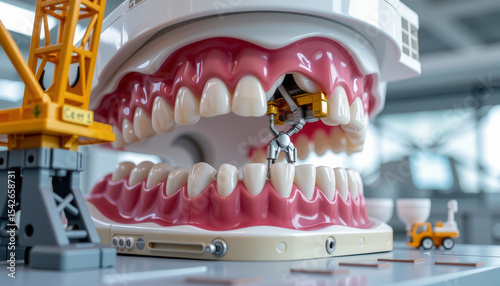 Closeup of dental construction setup with artificial teeth and miniature crane and machinery bright dental clinic environment