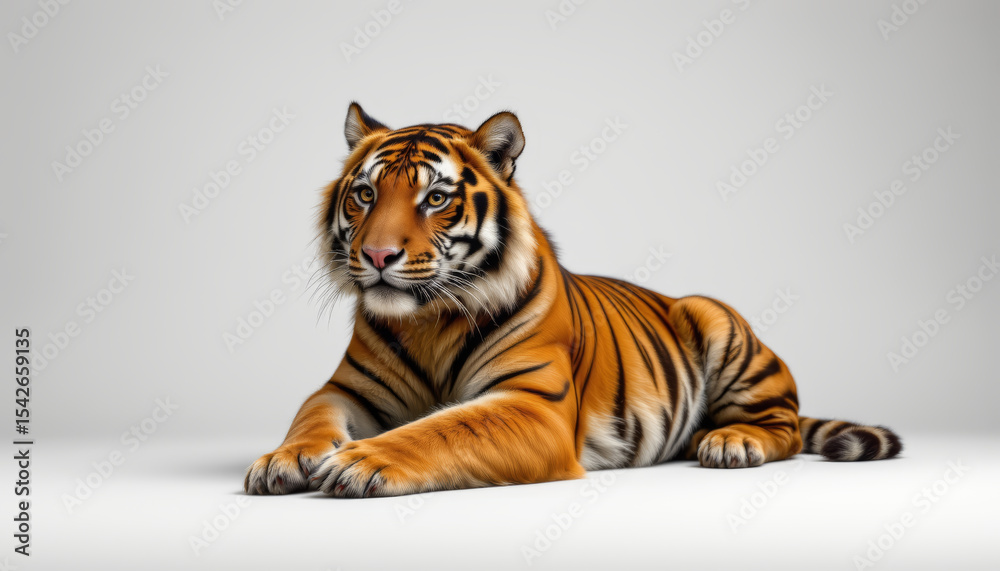 Obraz premium Majestic tiger with orange and black stripes lies calmly on white background, showing its powerful and graceful presence