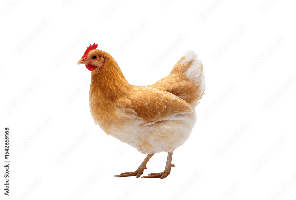 Fototapeta premium A vibrant. healthy hen stands prominently against a clean white background. showcasing its golden feathers and bright red comb. ideal for agricultural or culinary-themed content