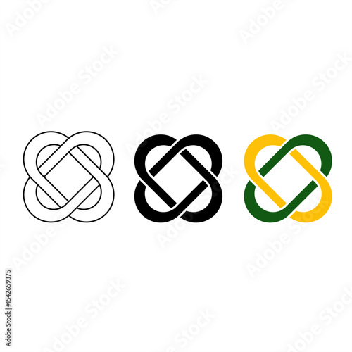 Vector icon set of a friendship knot in outline, solid, and color styles. Represents unity, connection, teamwork, and trust. Ideal for branding and social design