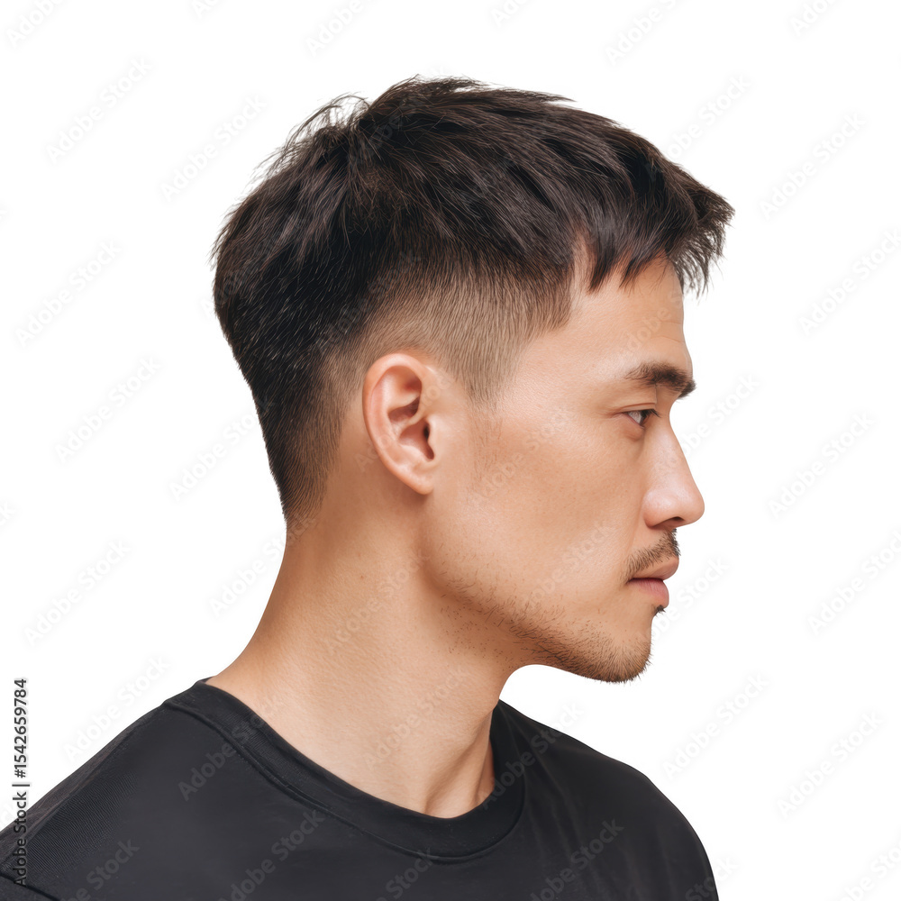 Obraz premium Profile portrait of a young man with a modern hairstyle and clean facial features. set against a plain background. showcasing contemporary grooming and style trends