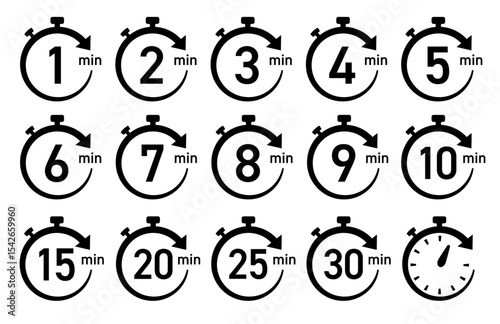 残り時間を表示するタイマー/ストップウォッチ/時計のアイコンイラストデザインセット(timer clock stopwatch 1min 2min 3min 4min 5min 6min 7min 8min 9min 10min 15min 20min 25min 30min 残り時間 シンプル アイコンイラスト ベクター 編集可能)	