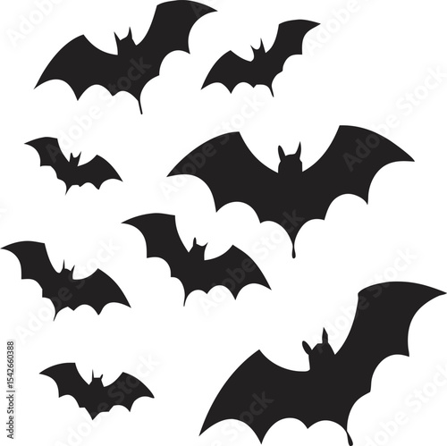 A flock of bats in silhouette flying, perfect for Halloween decorations and spooky designs.